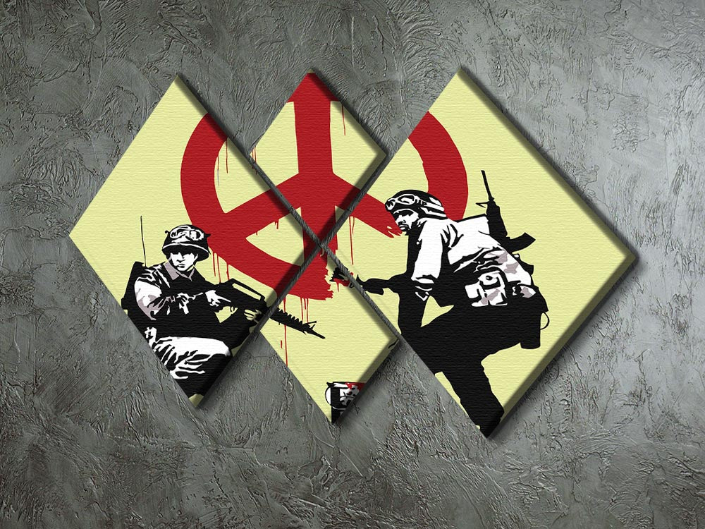 Banksy Soldiers Painting featuring CND sign in yellow, displayed as a 4-square multi-panel canvas artwork.